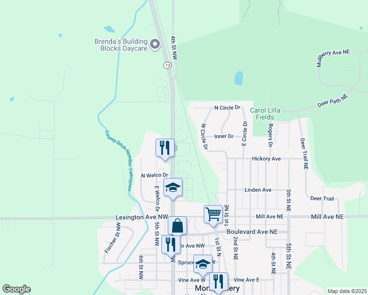 map of restaurants, bars, coffee shops, grocery stores, and more near 703 4th Street Northwest in Montgomery