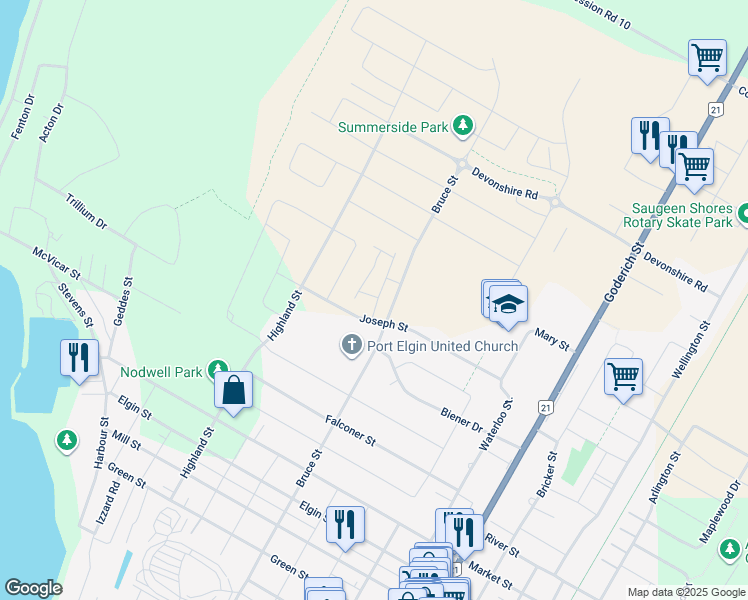 map of restaurants, bars, coffee shops, grocery stores, and more near 409 Joseph Street in Port Elgin