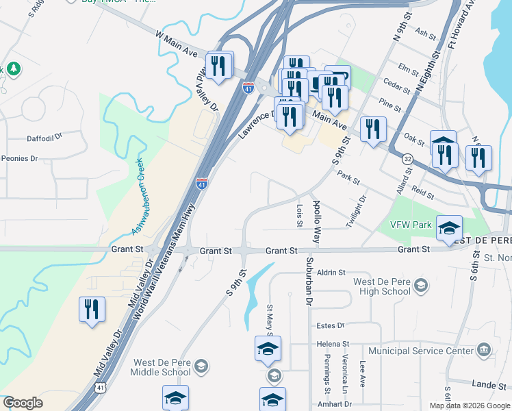 map of restaurants, bars, coffee shops, grocery stores, and more near 1200 Twilight Drive in De Pere