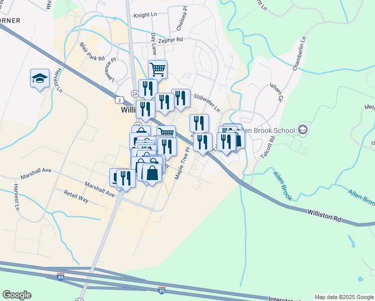 map of restaurants, bars, coffee shops, grocery stores, and more near 100 Maple Tree Place in Williston