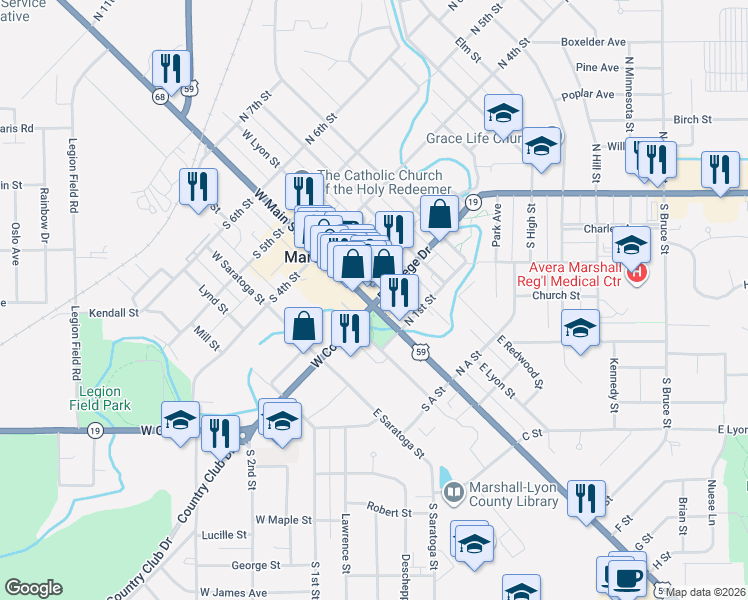 map of restaurants, bars, coffee shops, grocery stores, and more near Route 19 in Marshall