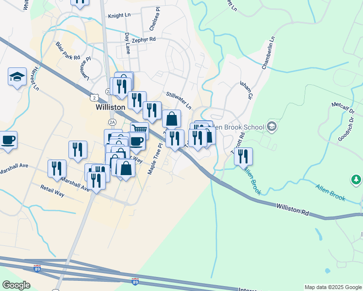 map of restaurants, bars, coffee shops, grocery stores, and more near 6162 Williston Road in Williston