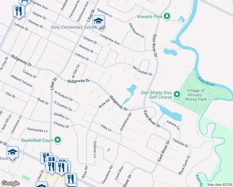 map of restaurants, bars, coffee shops, grocery stores, and more near 718 Brule Road in De Pere