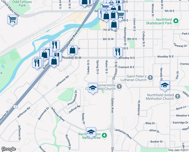 map of restaurants, bars, coffee shops, grocery stores, and more near 1014 Spring Street South in Northfield