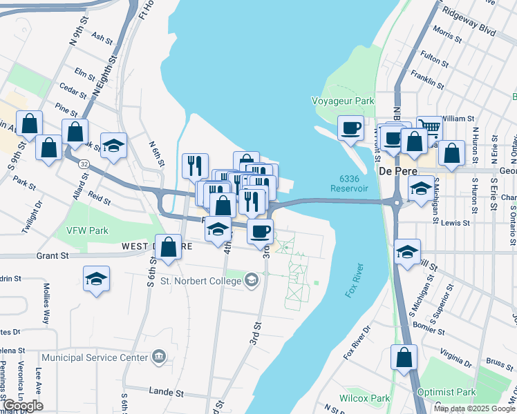 map of restaurants, bars, coffee shops, grocery stores, and more near 352 Main Avenue in De Pere