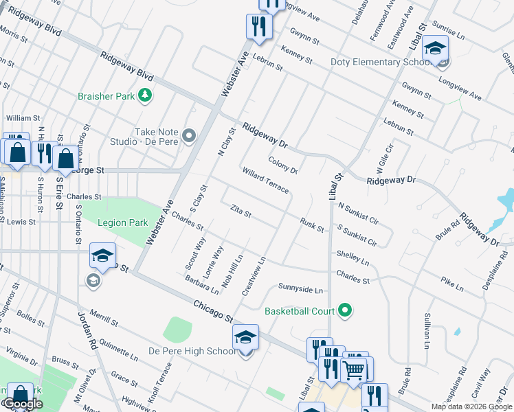 map of restaurants, bars, coffee shops, grocery stores, and more near 1621 Rusk Street in De Pere