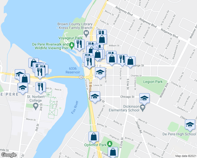 map of restaurants, bars, coffee shops, grocery stores, and more near South Wisconsin Street in De Pere