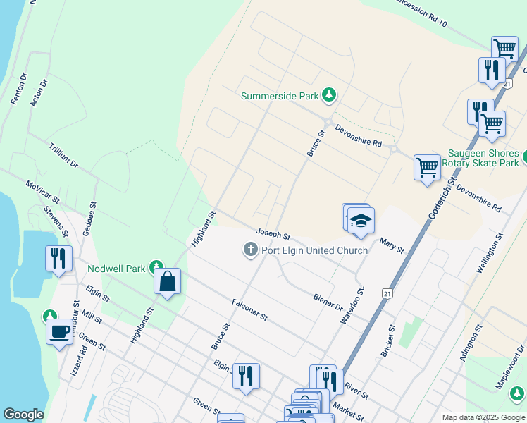 map of restaurants, bars, coffee shops, grocery stores, and more near 409 Joseph Street in Port Elgin