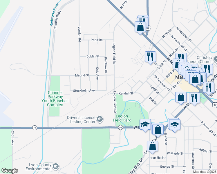map of restaurants, bars, coffee shops, grocery stores, and more near 304 Legion Field Road in Marshall