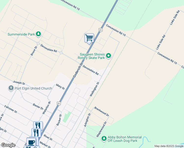 map of restaurants, bars, coffee shops, grocery stores, and more near 643 Devonshire Road in Port Elgin