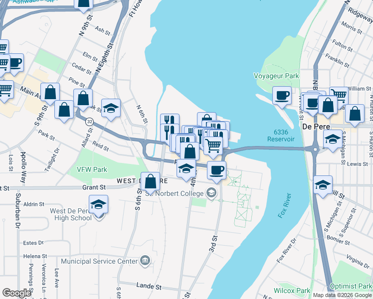 map of restaurants, bars, coffee shops, grocery stores, and more near 400 Main Avenue in De Pere
