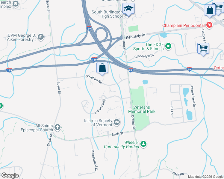map of restaurants, bars, coffee shops, grocery stores, and more near 13 Finch Court in South Burlington