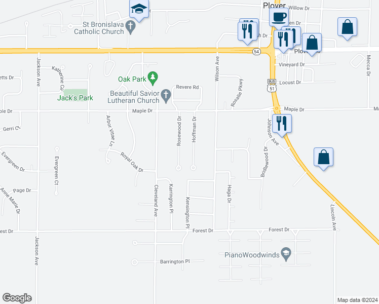 map of restaurants, bars, coffee shops, grocery stores, and more near 3421 Hoffman Drive in Plover