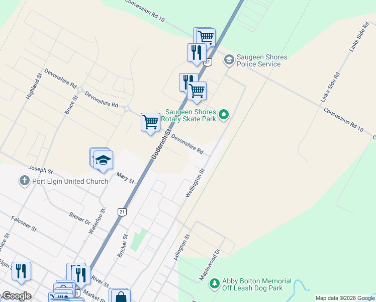 map of restaurants, bars, coffee shops, grocery stores, and more near 1119 Goderich Street in Port Elgin