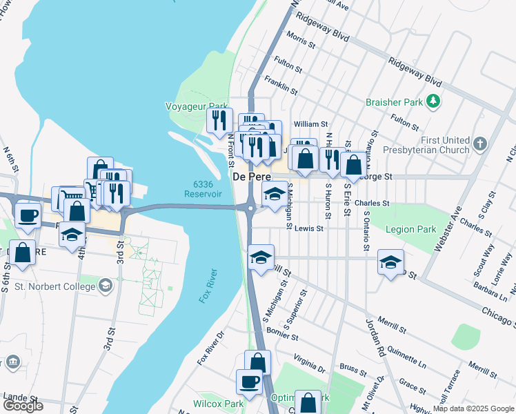 map of restaurants, bars, coffee shops, grocery stores, and more near 233 South Wisconsin Street in De Pere