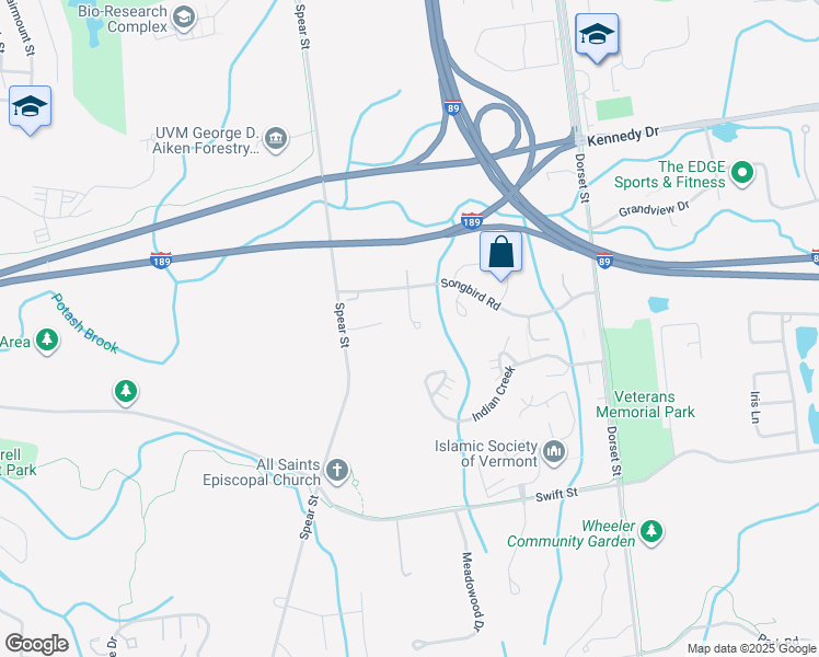 map of restaurants, bars, coffee shops, grocery stores, and more near 53 Chickadee Circle in South Burlington