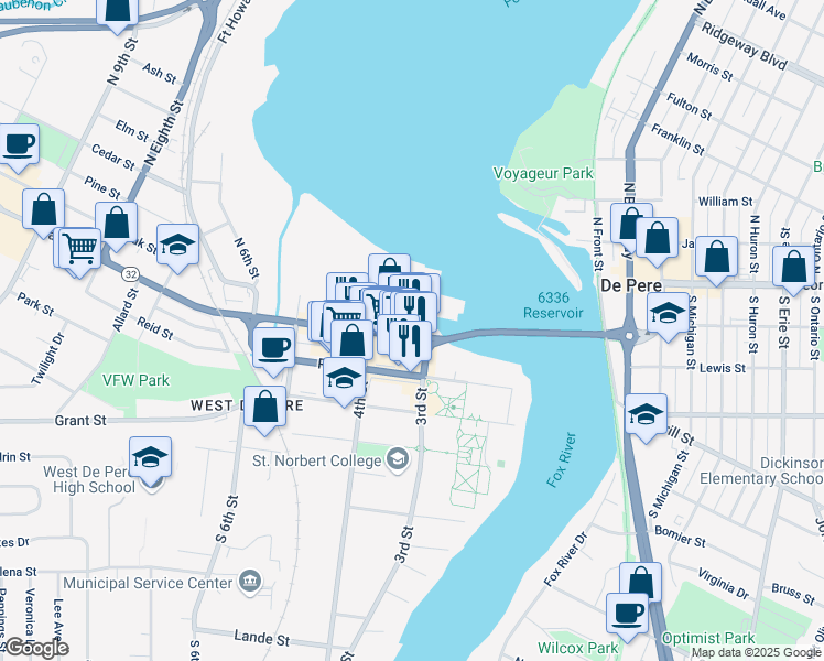 map of restaurants, bars, coffee shops, grocery stores, and more near 352 Main Avenue in De Pere