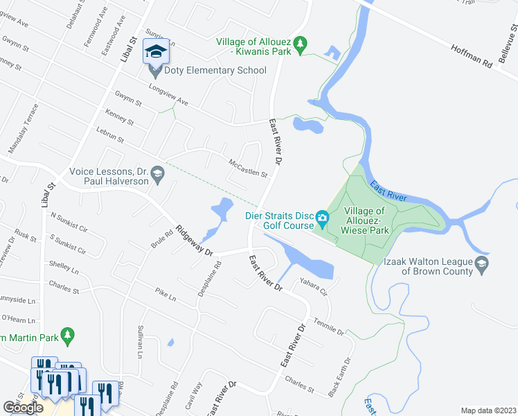 map of restaurants, bars, coffee shops, grocery stores, and more near 1278 East River Drive in Green Bay