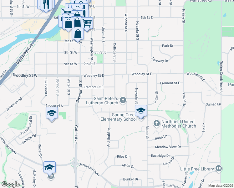 map of restaurants, bars, coffee shops, grocery stores, and more near 1108 Winona Street in Northfield