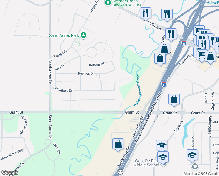 map of restaurants, bars, coffee shops, grocery stores, and more near 965 Green Ridge Drive in De Pere