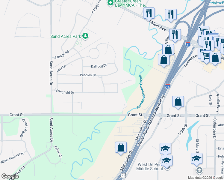 map of restaurants, bars, coffee shops, grocery stores, and more near 965 Green Ridge Drive in De Pere