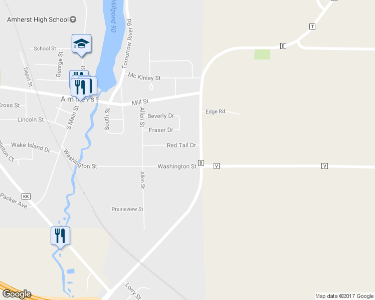 map of restaurants, bars, coffee shops, grocery stores, and more near 501 Red Tail Drive in Amherst