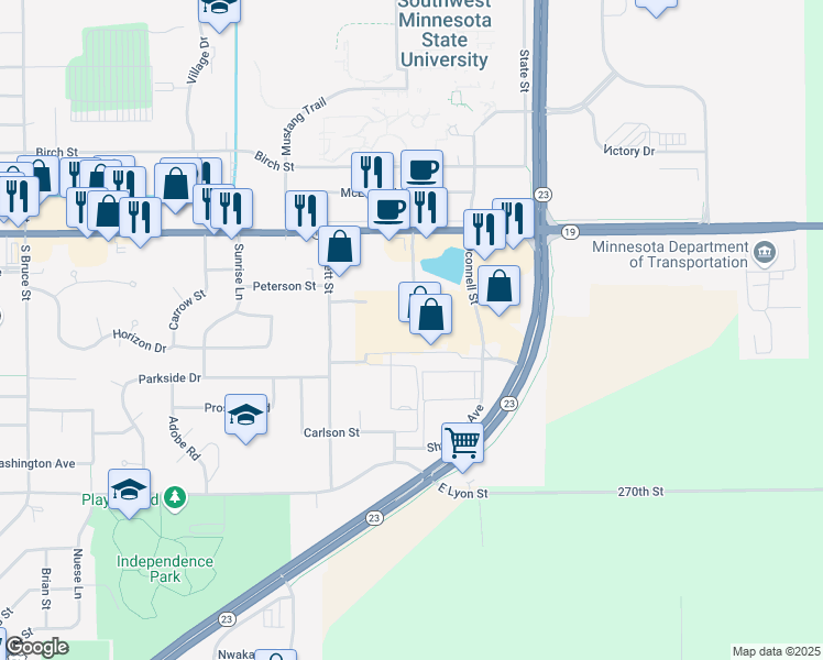 map of restaurants, bars, coffee shops, grocery stores, and more near 1420 East College Drive in Marshall