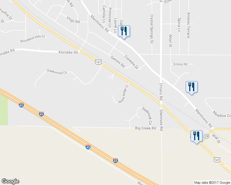 map of restaurants, bars, coffee shops, grocery stores, and more near 2964 Apple Ridge Court in Green Bay