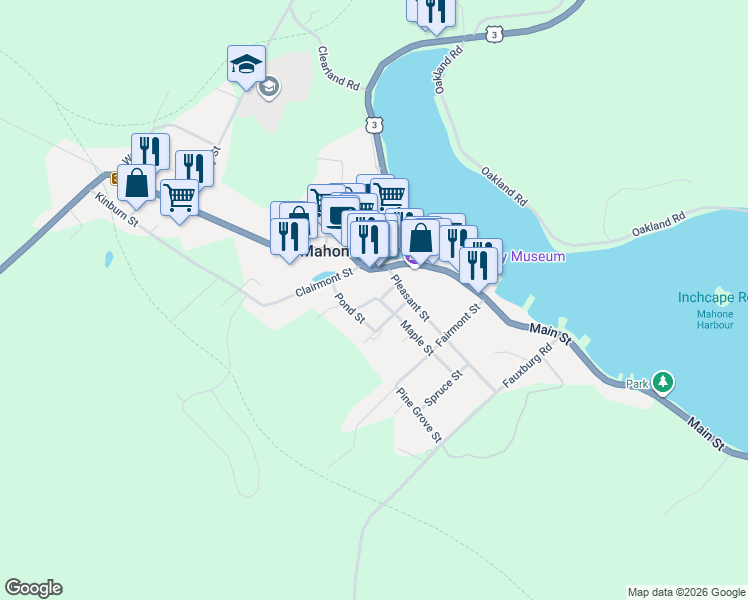 map of restaurants, bars, coffee shops, grocery stores, and more near 21 Pond Street in Mahone Bay