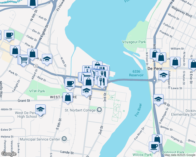 map of restaurants, bars, coffee shops, grocery stores, and more near 352 Main Avenue in De Pere