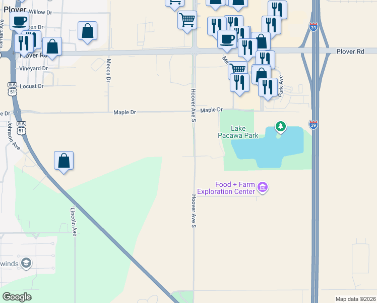 map of restaurants, bars, coffee shops, grocery stores, and more near 3431 Hoover Avenue in Plover