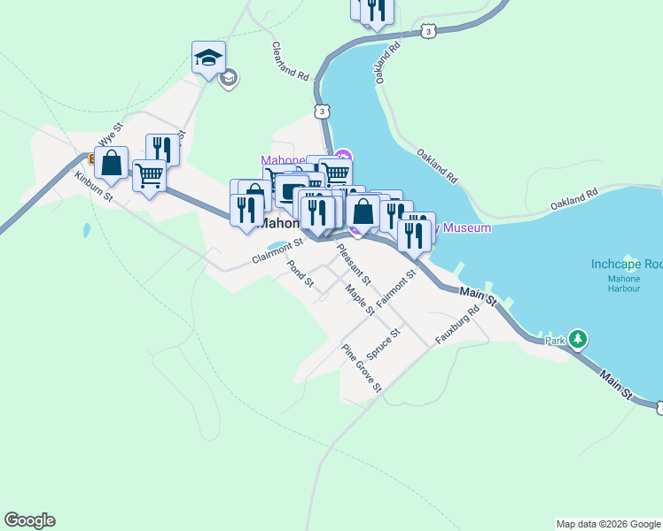 map of restaurants, bars, coffee shops, grocery stores, and more near 1 Hedge Row in Mahone Bay