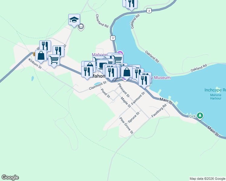map of restaurants, bars, coffee shops, grocery stores, and more near Hedge Row in Mahone Bay