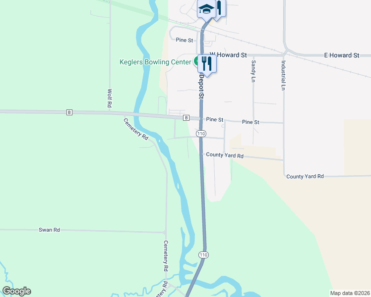 map of restaurants, bars, coffee shops, grocery stores, and more near E5931 River Street in Manawa