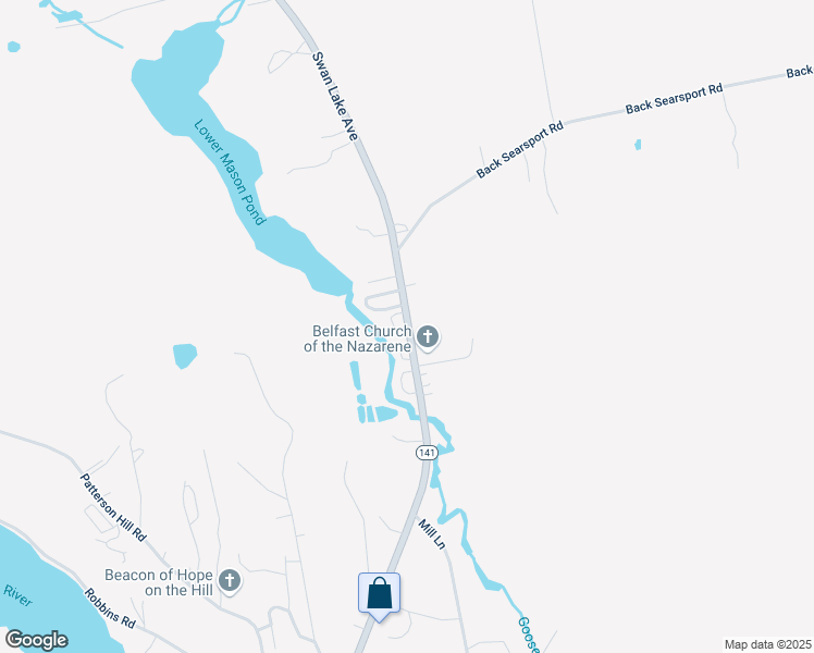 map of restaurants, bars, coffee shops, grocery stores, and more near 6 Bluebird Circle in Belfast