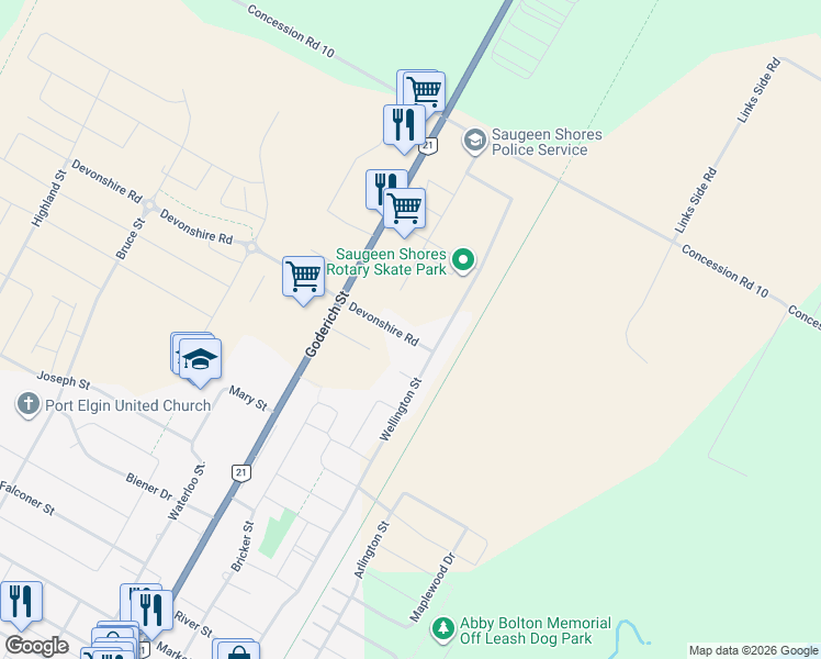 map of restaurants, bars, coffee shops, grocery stores, and more near 643 Devonshire Road in Port Elgin