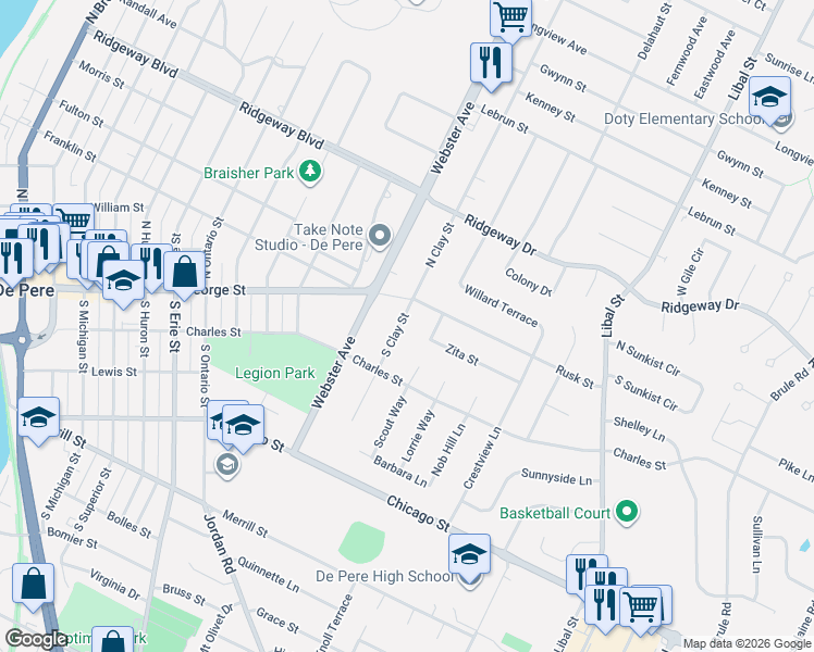 map of restaurants, bars, coffee shops, grocery stores, and more near 109 South Clay Street in De Pere