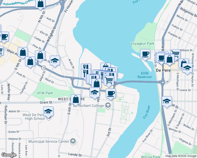 map of restaurants, bars, coffee shops, grocery stores, and more near 400 Main Avenue in De Pere