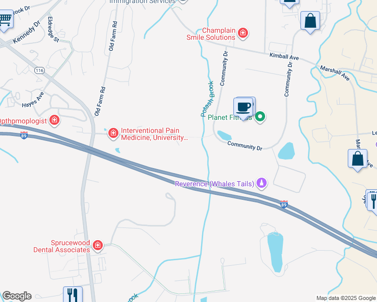 map of restaurants, bars, coffee shops, grocery stores, and more near 350 Tilley Drive in South Burlington