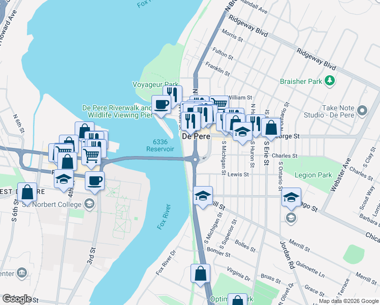 map of restaurants, bars, coffee shops, grocery stores, and more near 126 South Broadway in De Pere