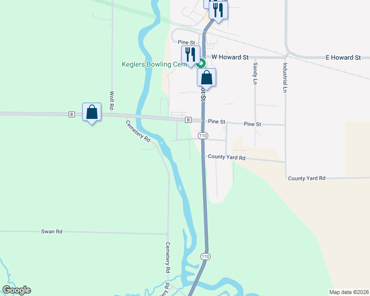 map of restaurants, bars, coffee shops, grocery stores, and more near E5931 River Street in Manawa