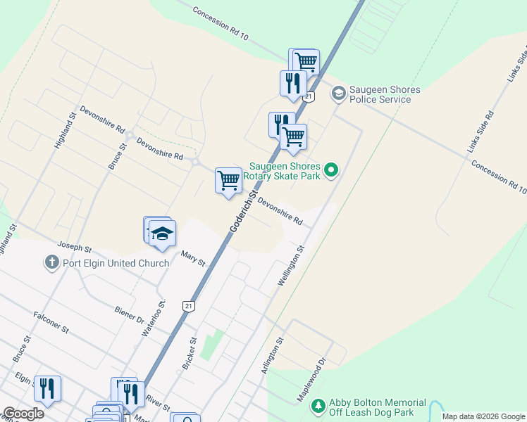 map of restaurants, bars, coffee shops, grocery stores, and more near 1119 Goderich Street in Port Elgin