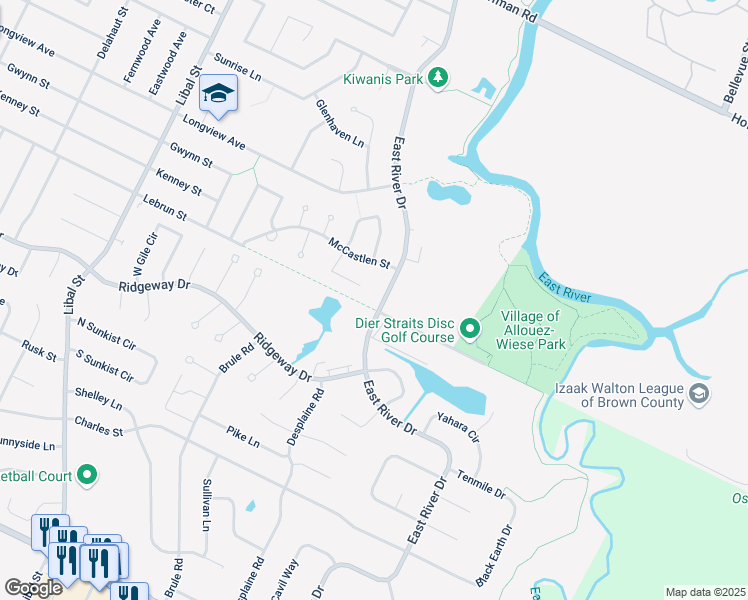 map of restaurants, bars, coffee shops, grocery stores, and more near 3974 East River Drive in Green Bay