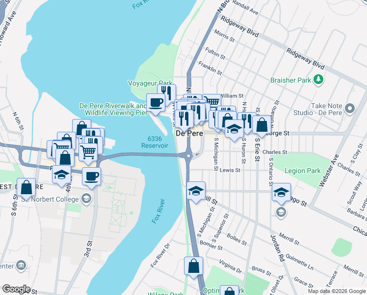 map of restaurants, bars, coffee shops, grocery stores, and more near 126 South Broadway in De Pere