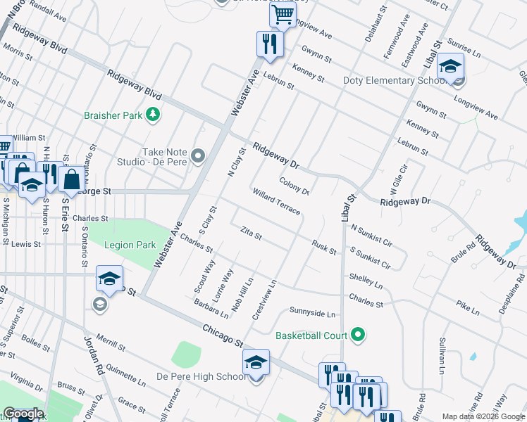 map of restaurants, bars, coffee shops, grocery stores, and more near 1621 Rusk Street in De Pere