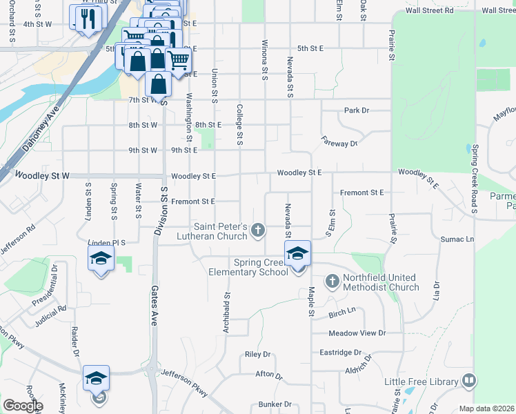 map of restaurants, bars, coffee shops, grocery stores, and more near 1108 Winona Street in Northfield