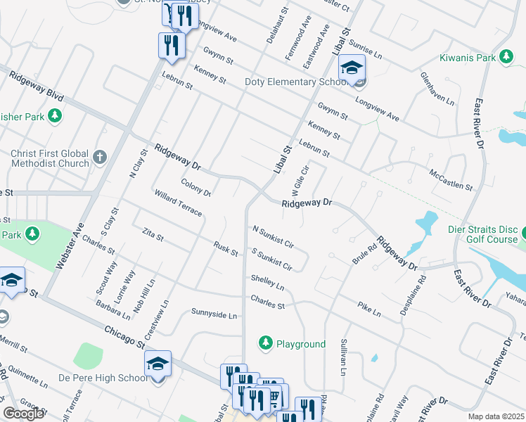 map of restaurants, bars, coffee shops, grocery stores, and more near 1808 Ridgeway Drive in De Pere