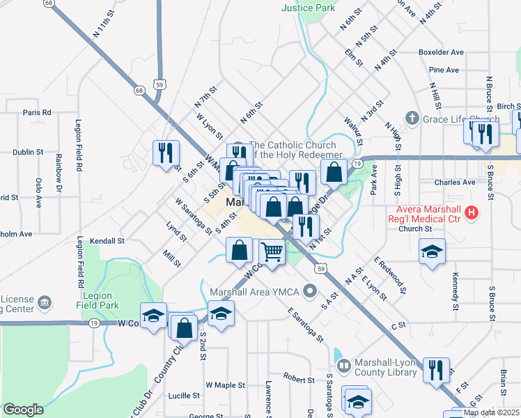 map of restaurants, bars, coffee shops, grocery stores, and more near 325 West Main Street in Marshall