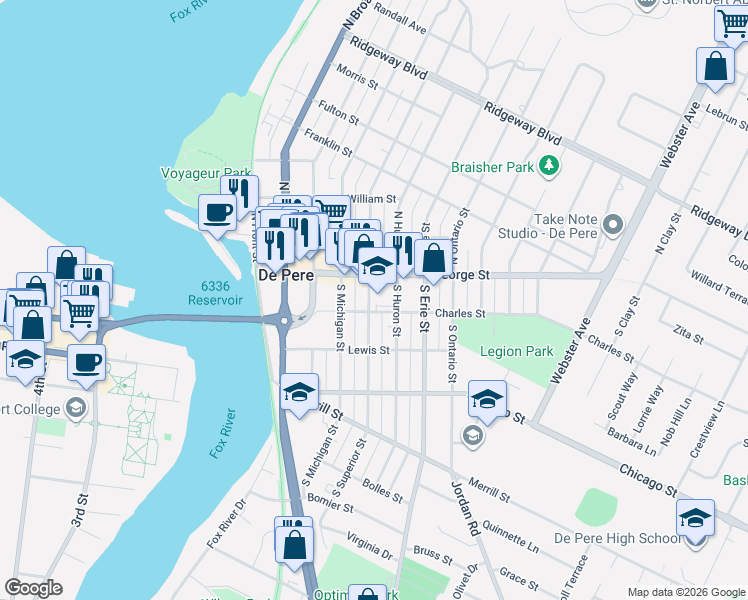 map of restaurants, bars, coffee shops, grocery stores, and more near 133 South Superior Street in De Pere