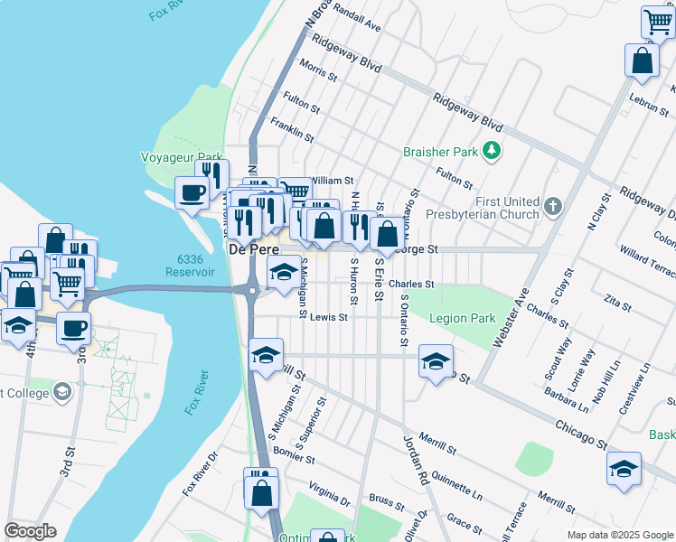 map of restaurants, bars, coffee shops, grocery stores, and more near 137 South Superior Street in De Pere